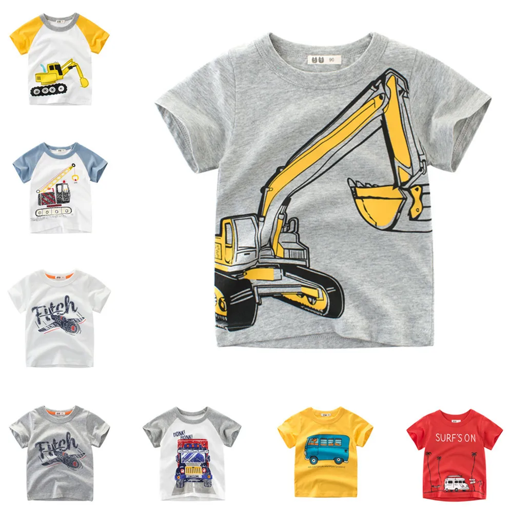 2022 Summer Kids Boys Short Sleeve T-shirts Tops Clothes 2-8Y Baby Boy Excavator Print Tees Children Clothing Kid Cotton Outfit