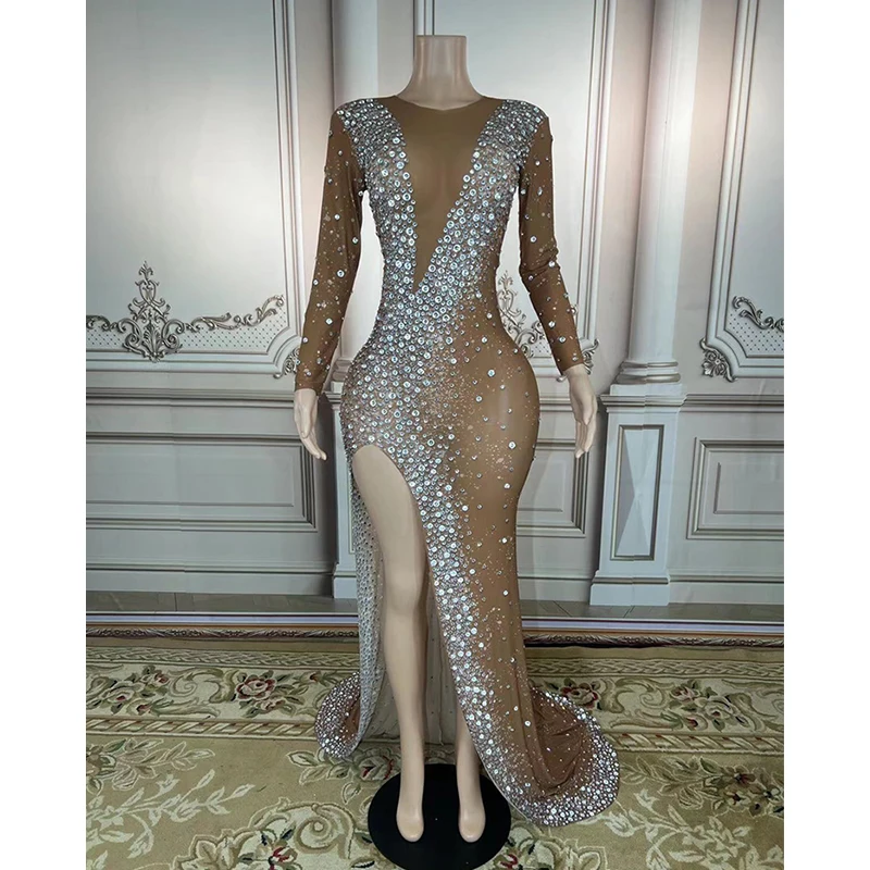 

New Women Elegant Wedding Party Rhinestone Dress Sexy Evening Long Prom Crystal Trailing Costume