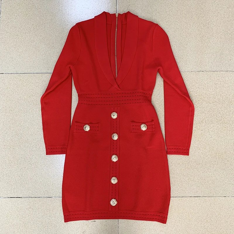 

2023 HIGH QUALITY Newest Fall Winter Designer Women's Long Sleeve Notched Collar Knit Dress