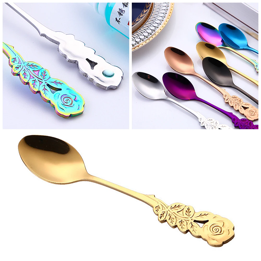 Description Picture 6 of itemTea Stirring Spoon Ice Cream Scoop 304 Stainless Steel Rose Flowers Spoons Rainbow Coffee Tea Spoon Flatware Drinking Tools