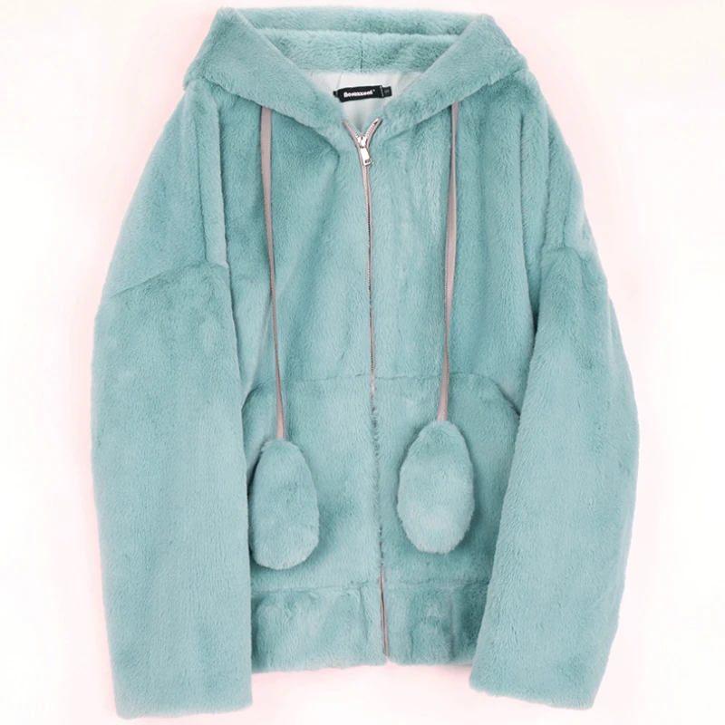 2023 Winter New Oversize Harajuku Hooded Outwear Women Imitation Fur Coat Fluffy Jacket Rabbit Ears Casual Raglan Sleeve Zipper