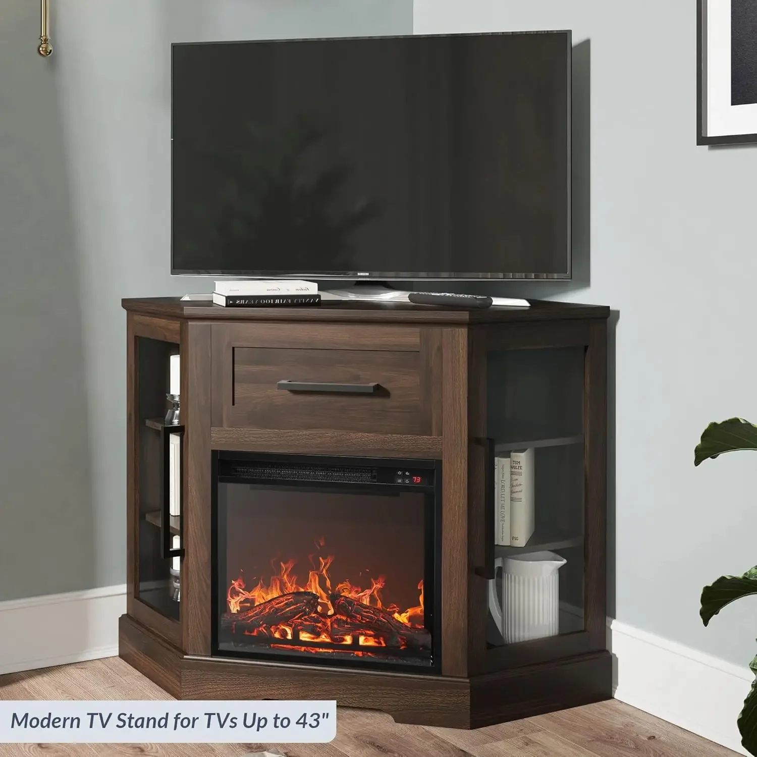 43" Corner TV Stand with 18" Electric Fireplace Heater, Modern Corner Wood Entertainment Center- Dale (Dark Walnut) 5