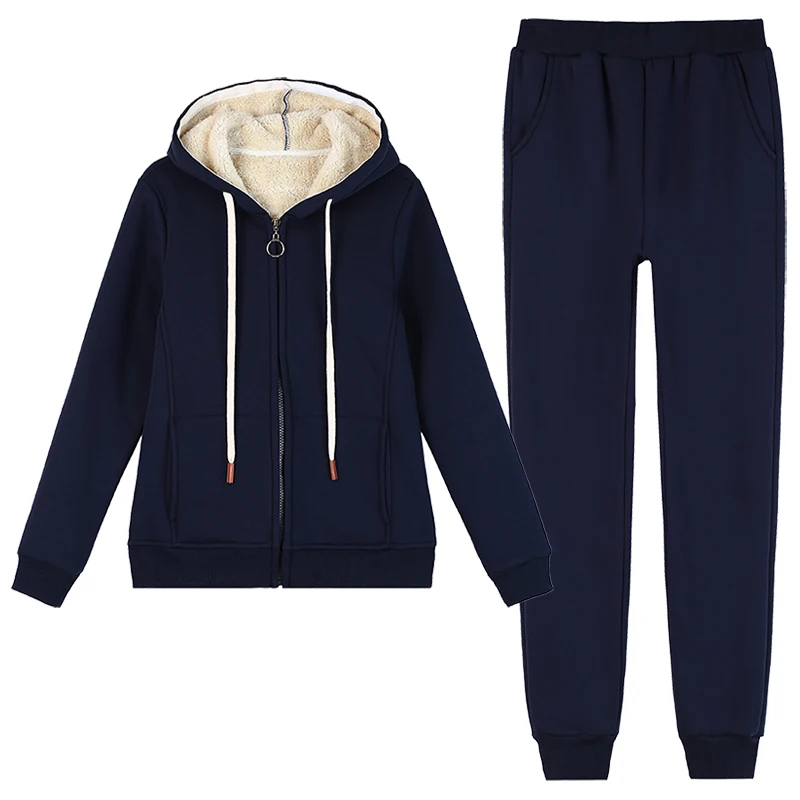 New Autumn And Winter Women'S Solid Color Fashion Hooded Thickened 2-Piece Set Female Warm Casual Loose Fit Sports Cardigan Suit