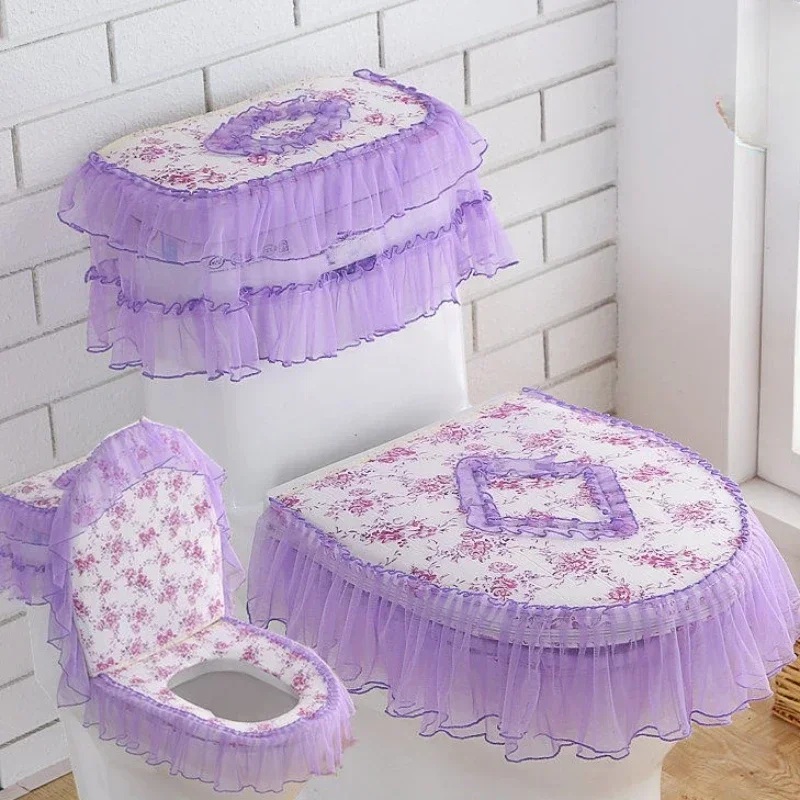 Toilet Seat Cover 3pcs Lace Embroidery Detachable Toilet Cover Cloth Dustproof Antibacterial Seat Ring Cushion