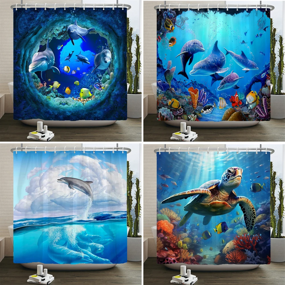 

Dolphin Shower Curtain, Blue Underwater World Marine Life , Polyester Fabric Kids Ocean Theme Bathroom Decor Set with 12 Hooks