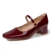 Spring Autumn Women Buckle Mary Janes Shoes Patent Leather Dress Shoes High Heels Pumps Retro Ladies Shoe Black Red 1