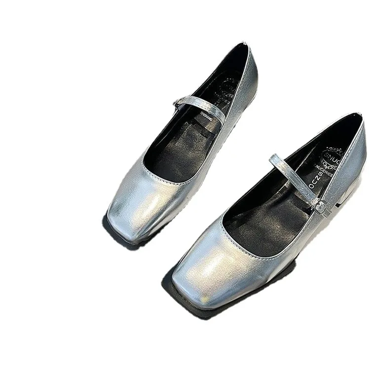 Silver Shoes Spring  New Women Shoes with Square Toe and Low Heels Mary Jane Shoes with Shallow Heels.