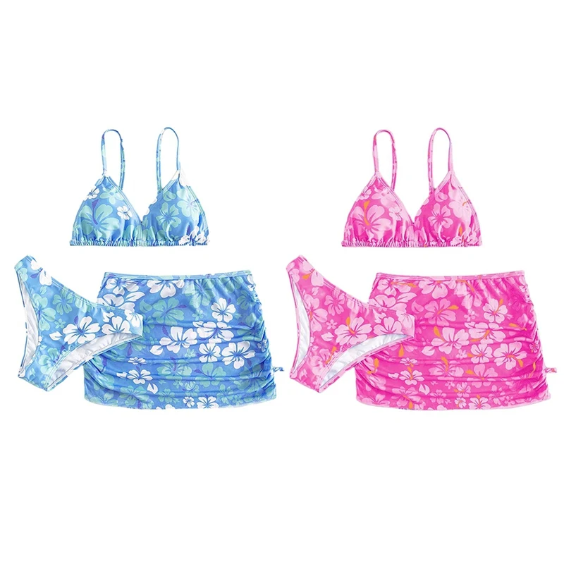 Kids Bikini swimsuit Halter Bra + Briefs + Drawstring Beach Skirt 3-piece Sets Surfing Diving Bathing Beach Suspender swimsuit
