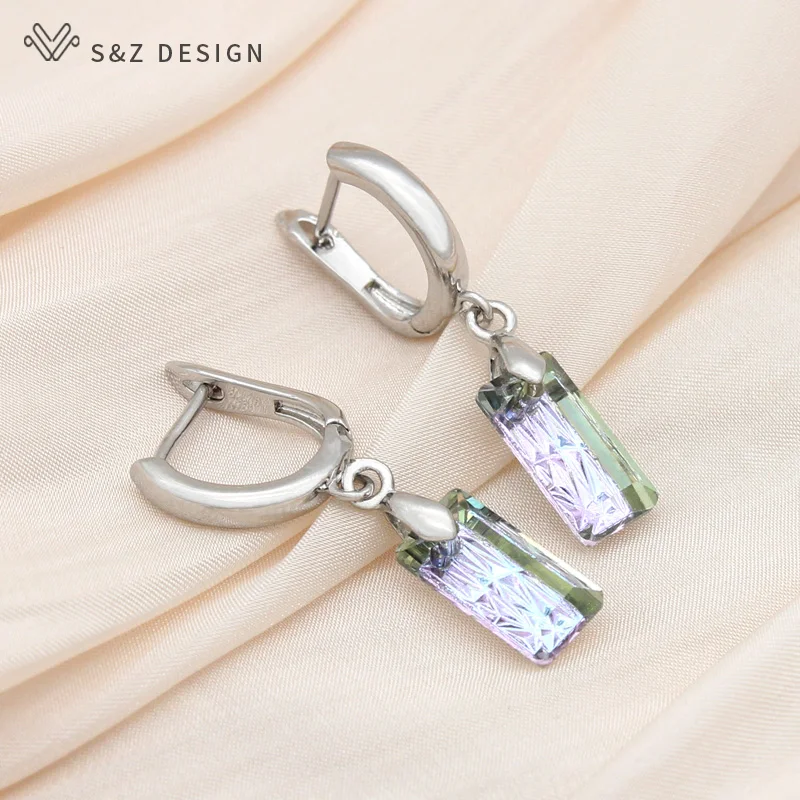 S&Z DESIGN New Elegant 585 Rose Gold Color Square Crystal Dangle Earrings For Women Girl Wedding Party Fashion Fine Jewelry