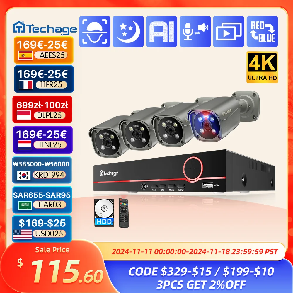 Security Camera Techage 4K 8MP Surveillance Camera System H.265 8CH PoE NVR Kit Human Detection Red-bule Light Alarm P2P Video Audio CCTV Camera