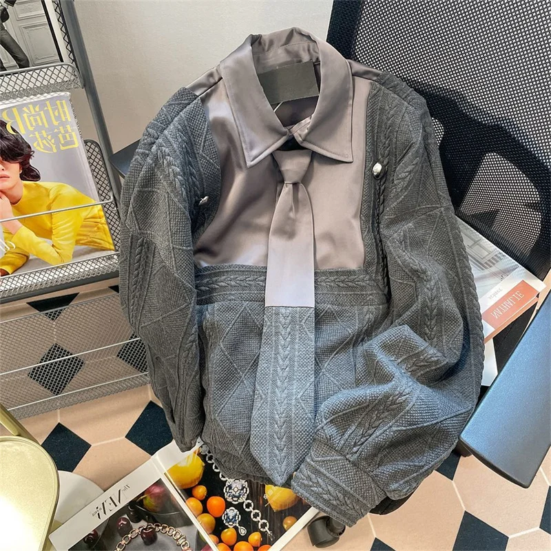

Корейский стиль, блузка из двух частей в стиле пэчворк с галстуком для мужчин и женщин, весна-осень 2024, нишевая куртка с капюшоном с бриллиантами в сеточку, S887