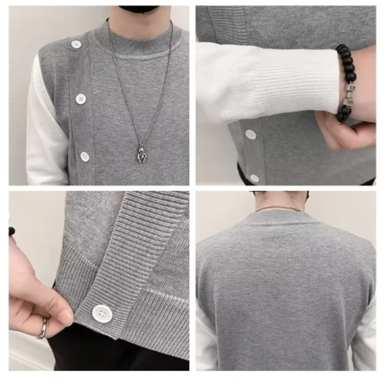 Fall Fake Two Pieces Contrasting Colors Pullover Sweater Streetwear Hip Hop Casual Outerwear Tops Men turtleneck Sweater