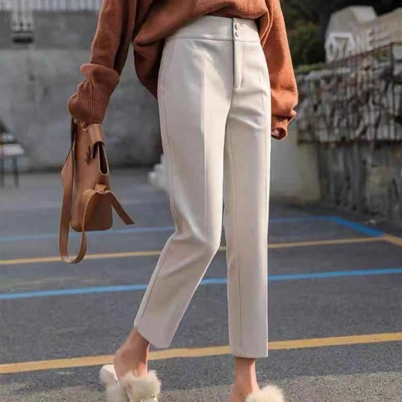 Women Elegant Woolden Harem Pants Autumn Winter Button Wool Blend Ankle-Length Suit Pants Office Lady Korean High Waist Trousers
