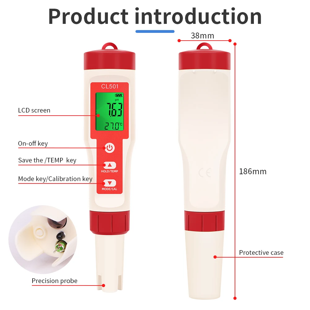 Sf07d3ef8198a44ecb1fbd333ccd8c8f4o 5 in 1 Chlorine Meter Pen Water Quality Detector PH, H2, ORP TEMP CL2 Tester Multi-function Spa Swimming Pool Chlorine Monitor Mallzona