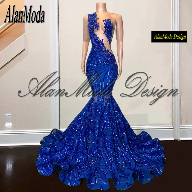 Vestido De sirena azul real brillante, vestido De Fiesta De lujo con cuentas De lentejuelas y diamantes De imitación, 2024