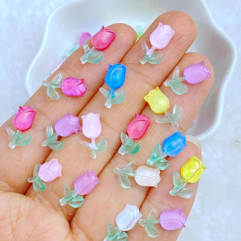 50 Stück neue süße Harz Mini 7*13mm glänzende Rosen knospe Serie flache Rückseite Maniküre Teile Verzierungen für Haars chleifen Zubehör