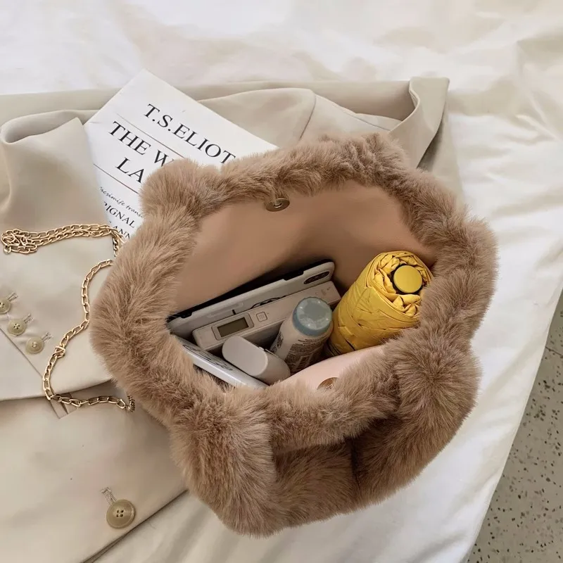 Winter Faux Fur Bag Women Soft Plush Hand Bags Solid Color Shopper Bags Travel Bag Female Warm Fluffy Tote Bags Party Clutch Bag