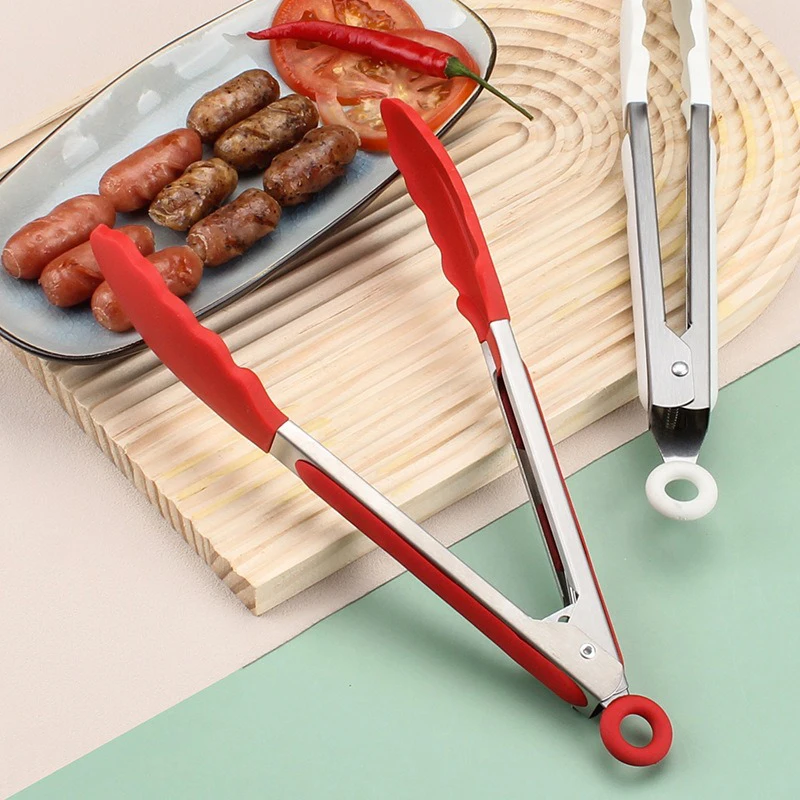 Stainless Steel Cooking Tongs Heat Resistant BBQ Tools Silicone Tips for Salad Grill Accessories Locking Food Tong