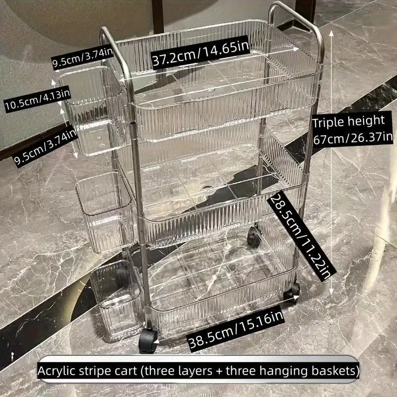 1pc Storage Rack, Acrylic Transparent Trolley with Wheels, Large Capacity Storage Organizer with Removable Hanging Baskets