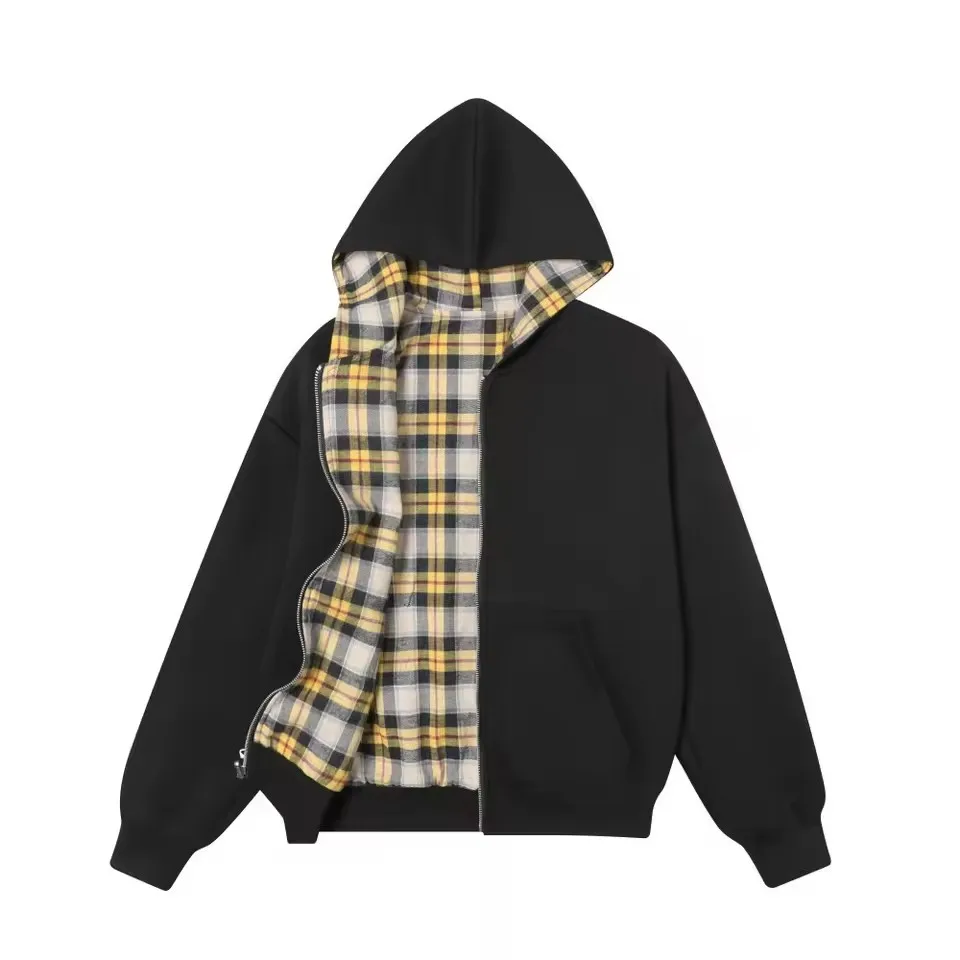 Streetwear Black Reversible Sweatshirt Y2K Yellow Plaid Hooded
