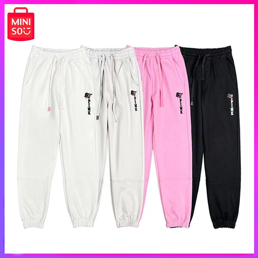 

Miniso Pink Panther New Pure Cotton Hoop Embroidered Student Sports Casual Sweatpants Long Pants Pink Kawaii Christmas Girl Gift