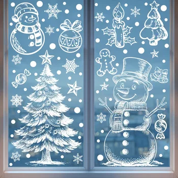 1/2Sheets Static Cling Window Stickers - Reusable PVC Modern Winter Snowman,Gingerbread Men,Snowflakes, Trees, Hearts & Balloons 1