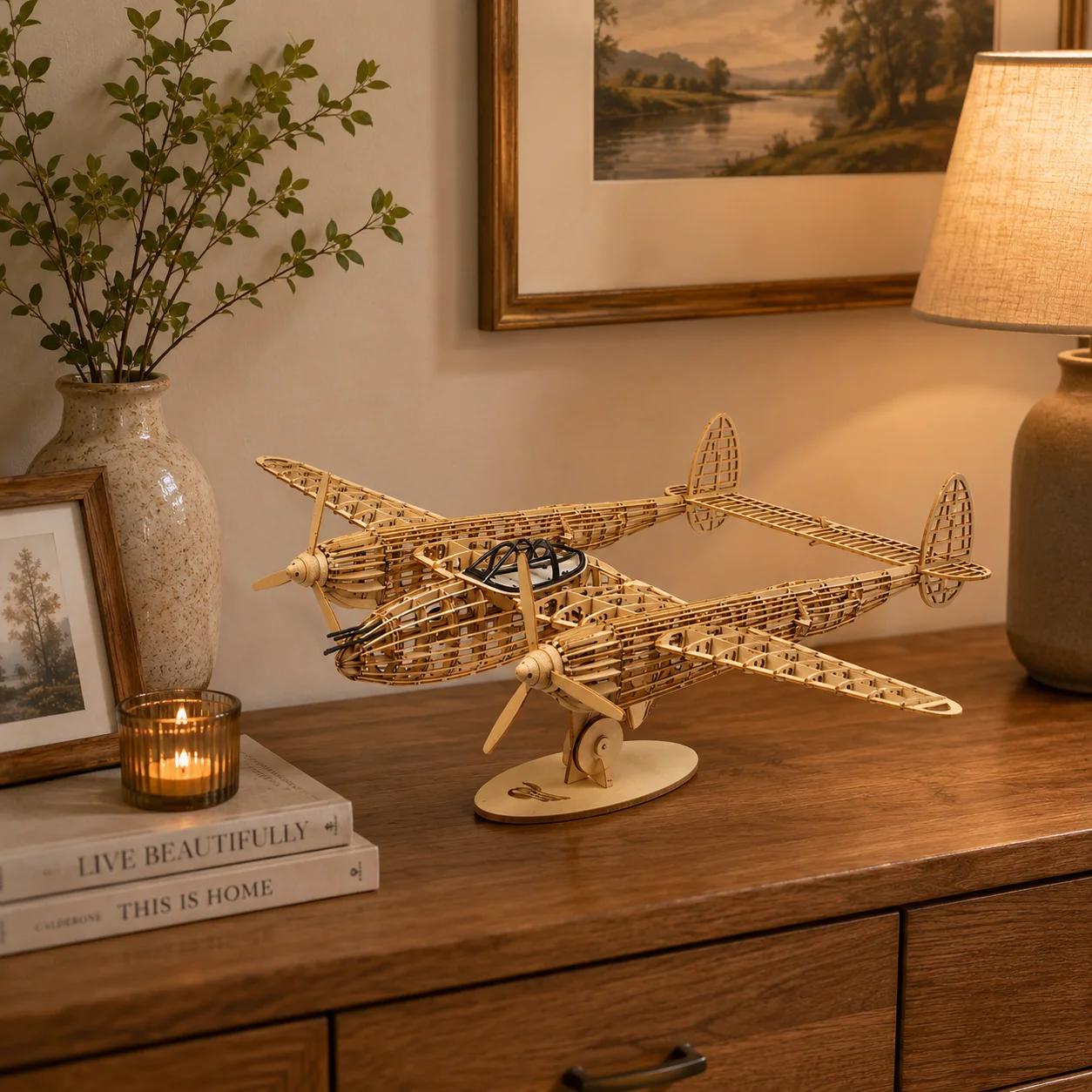 DW Hobby P-38 Lightning 1:35 Balsa Wood Airplane Model DIY 3D Puzzle Military Aircraft Kit for Adult Hobbyists Home Decor