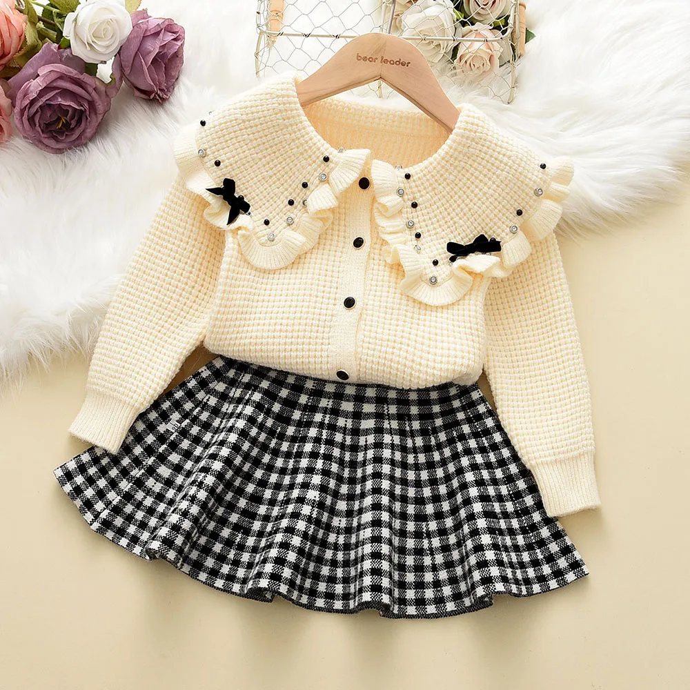 

Melario Girls Clothes Autumn Winter Doll Collar Sweater Cardigan +Plaid Skirt Two-piece Set for Christmas Baby Girl Outfit Sets