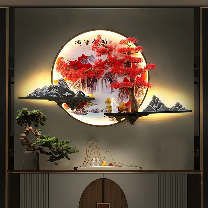 중국 현대 LED 그림 벽 램프, 3D 창의적인 소나무 조경 그림 스콘스 장식, 집 거실 침실 서재 램프