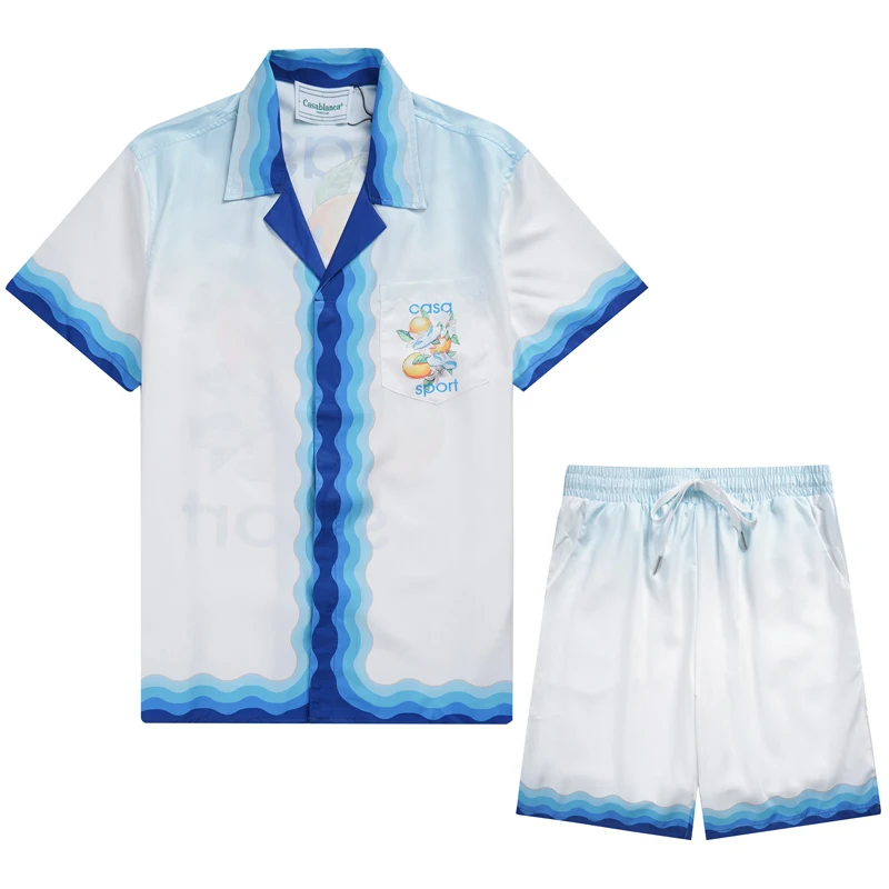 

Fashion CASABLANCA Shirt Men Women Hawaiian Beach Style Blue Silk Shirts