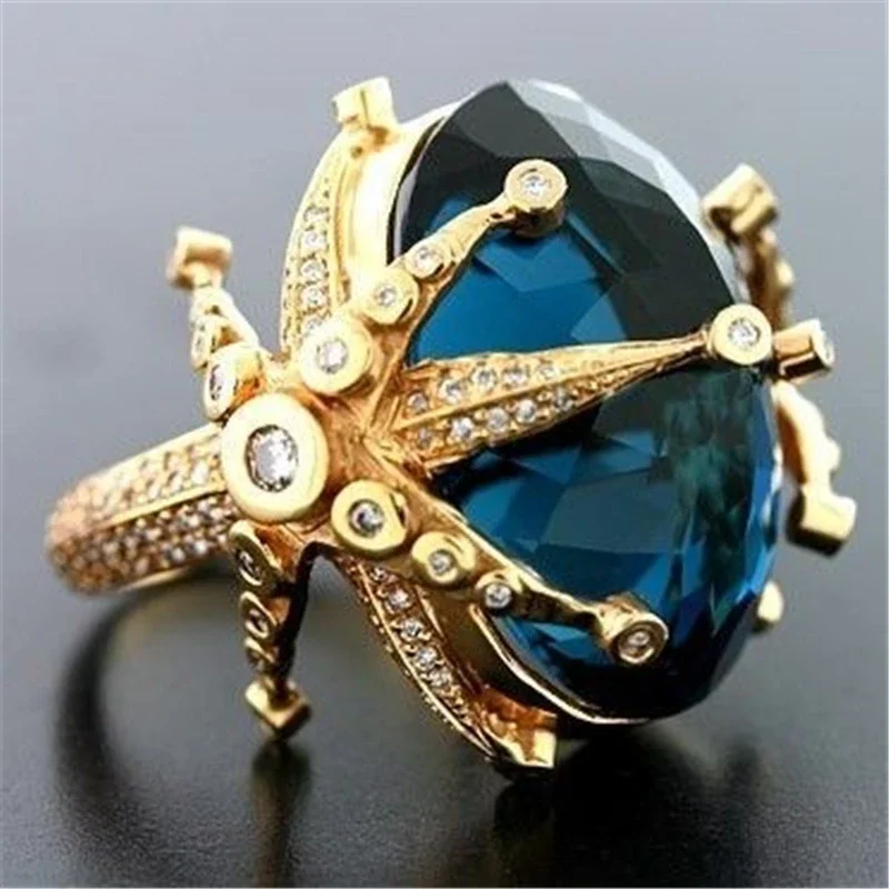 

14k Yellow Gold Sapphire Diamond Ring for Women Peacock Blue Topaz Dainty Jewelry Bizuteria Anillos Wedding Ring Gemstone Anel