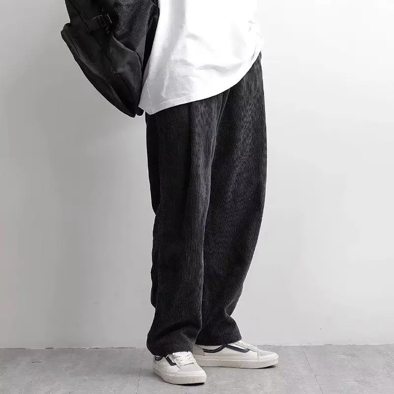 2023 Autumn KPOP Fashion Style Harajuku Slim Fit Trousers Loose All Match Corduroy Casual Pants Solid Pockets Straight Leg Pants
