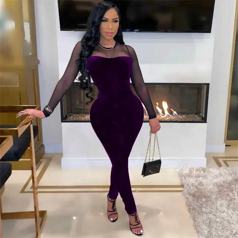 Women Sexy See-through Jumpsuit Back Zipper Splicing Mesh Long Sleeve Rompers Female Stretch Slim Fit Elegant Commuter Pantsuit