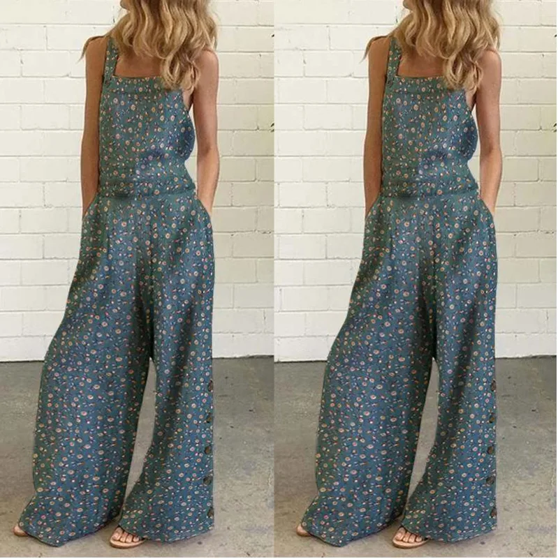 

Женский комбинезон на пуговицах, винтажный комбинезон с широкими штанинами и карманами, на бретелях, с цветочным принтом, 5XL, на лето
