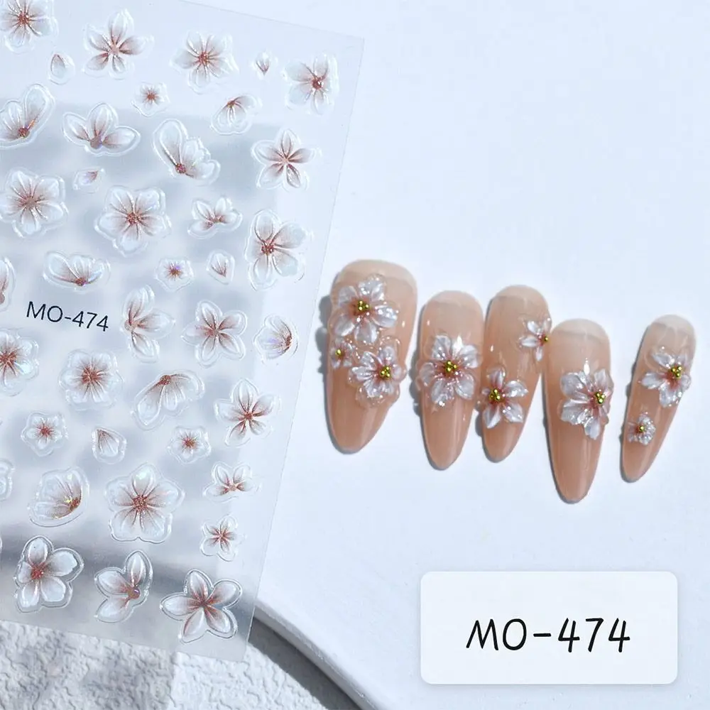 Embossed Design 3D Flower Stickers Elegant Style Simple Floral Floral Nail Sliders White Flower Adhesive Accessories