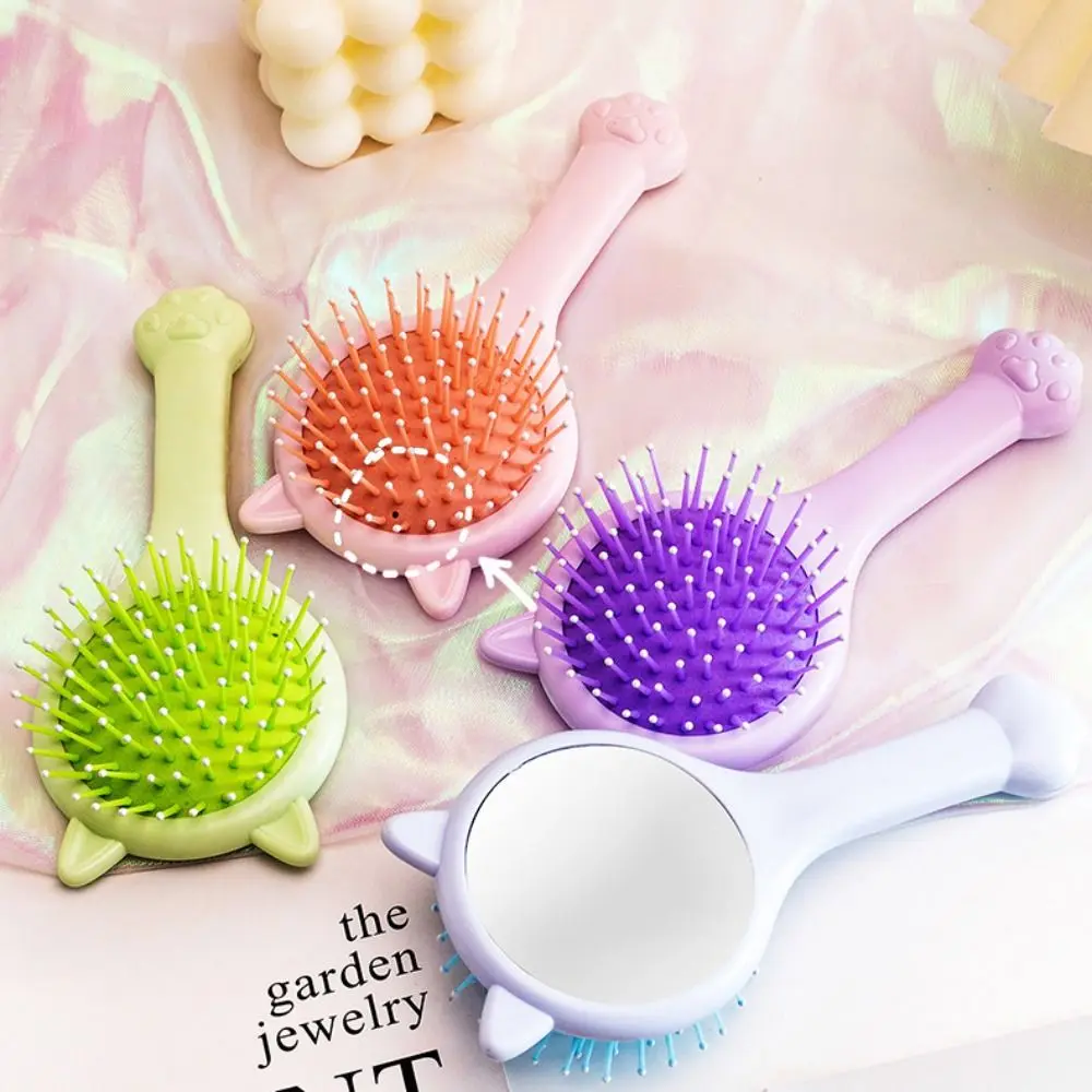 

Cartoon Cat Paw Hairbrush 2 in 1 Massage Hair Combs with Mirror Cat Ear Head Massage Anti-Static Portable Travel Hair Brush Girl