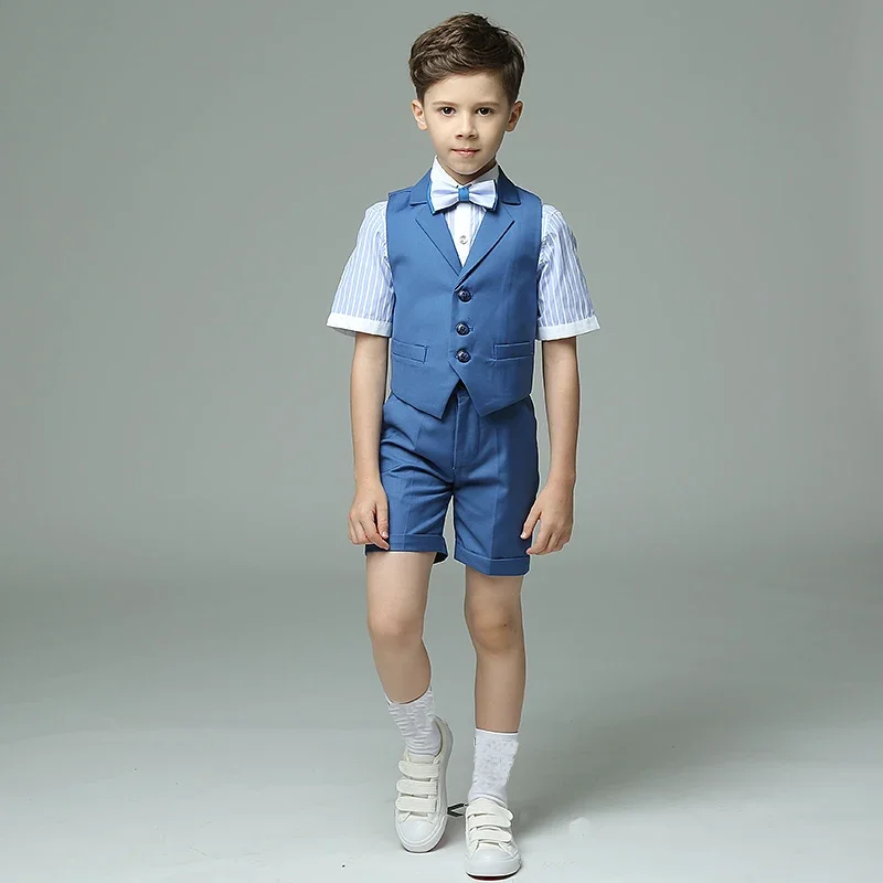 

School Kids Vest Shirt Shorts Bowtie 4PS Formal Suit Boys Summer Blue Wedding Suit Children Photography Costume Teenager Uniform