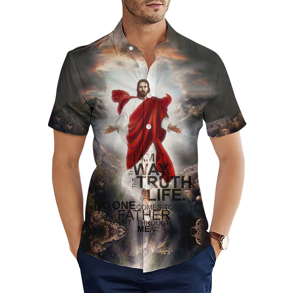 HXFashion Men's Shirts Jesus 3D Printed Casual Shirt Summer Lapel Button Short Sleeve Shirts for Men Clothing