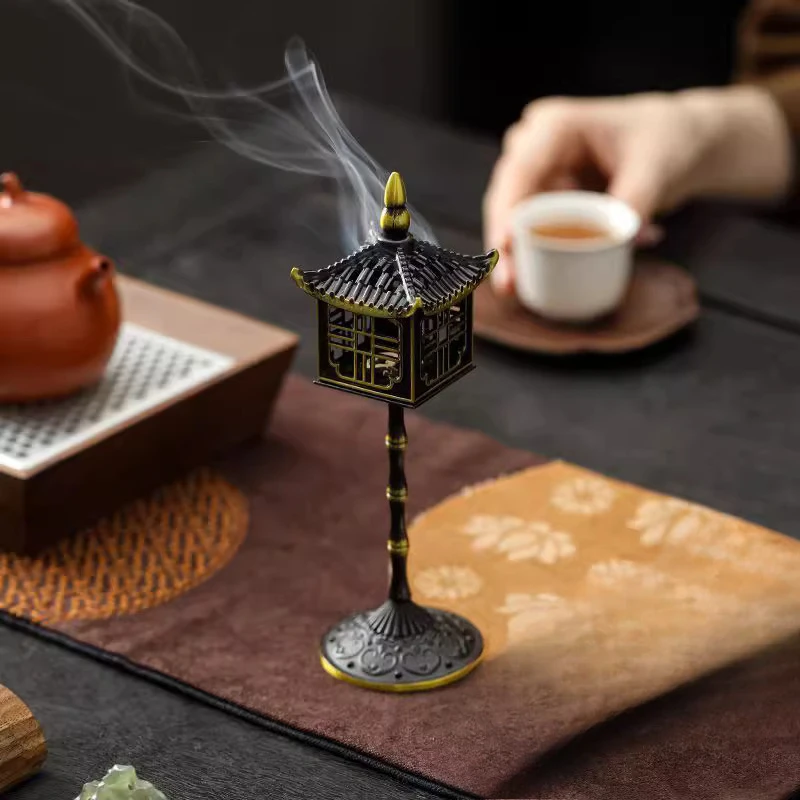 Creative High Foot Aromatherapy Furnace, Home Indoor Zen Tea Ceremony Desktop Decoration Chinese style Alloy Incense Burner, 1Pc