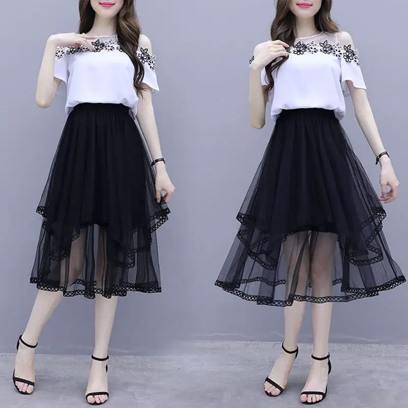 

Summer New Retro Elegant 2 Piece Set Women White Top + A-Line Skirts Suit Two Sets Office Lady Large Size Clothing Q640