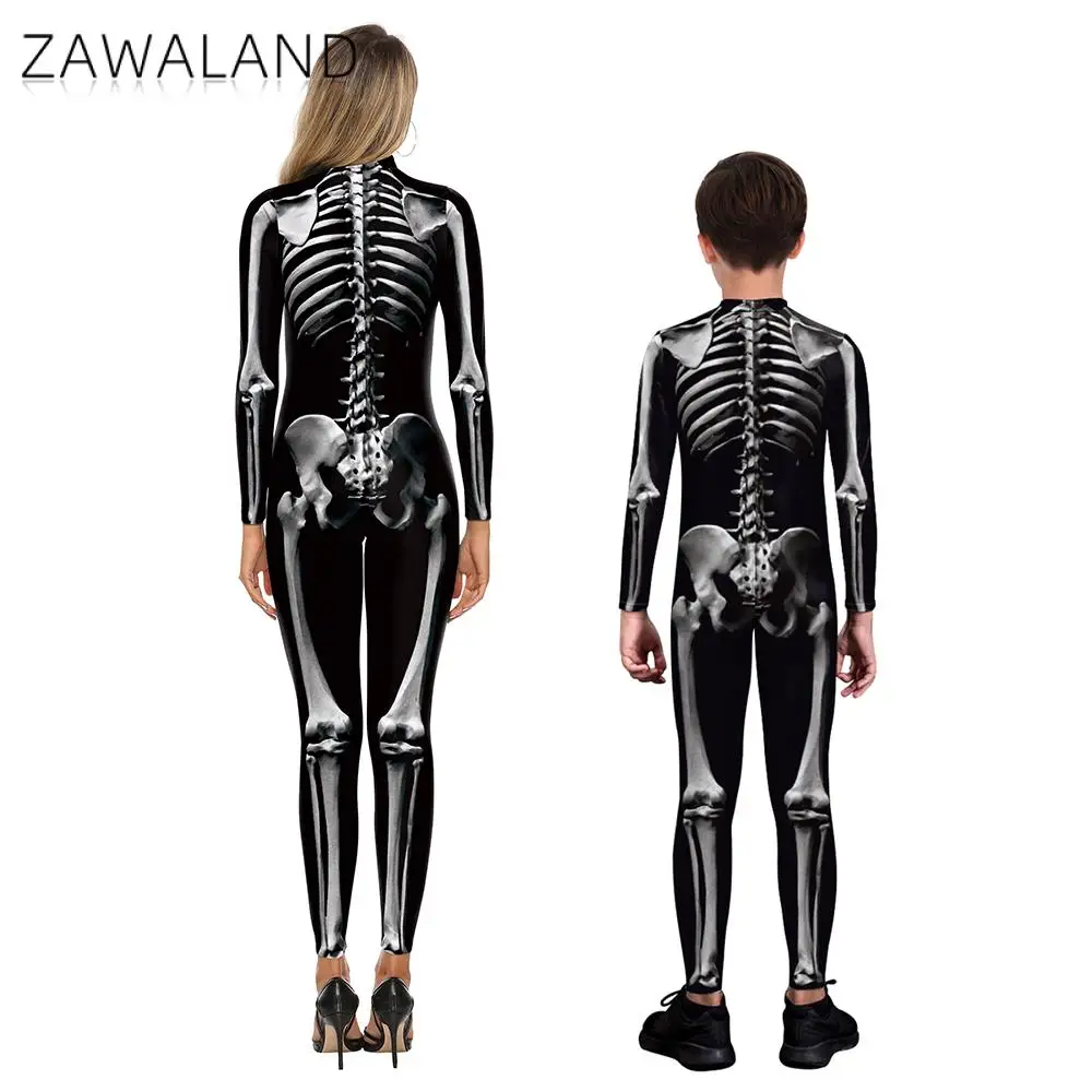 Cosplay Costume ZAWALAND Halloween Matching Outfits 3D Skeleton Printed Zentai Party Parent-Child Sexy Spandex Catsuit