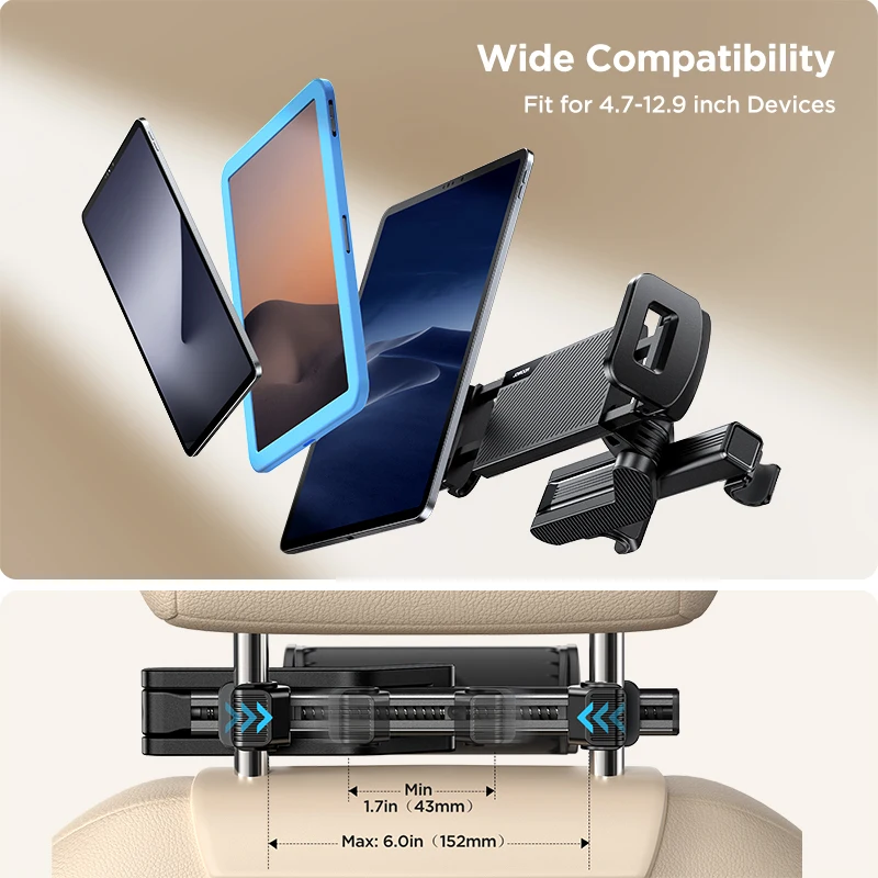 JOYROOM Tablet Holder for Car Headrest Folding Extension Arm iPad Holder for Car Backseat for Kids For 4.7-12.9