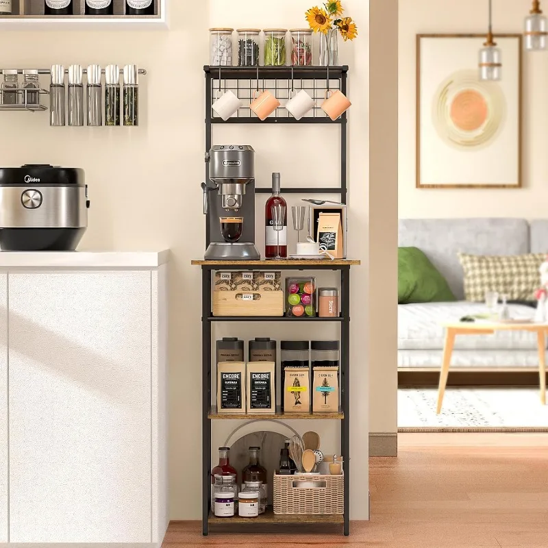 5 Tier Coffee Bar Station, Coffee Stand Station with 4 S-Shaped Hooks, Farmhouse Corner Coffee Bar Cabinet for Small Spaces, 5