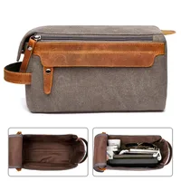 Durable Canvas Zipper Toiletry Bag With Leather Handle Travel Men Wash Shaving Waterproof Storage Bag Women Makeup Organizer Bag 1