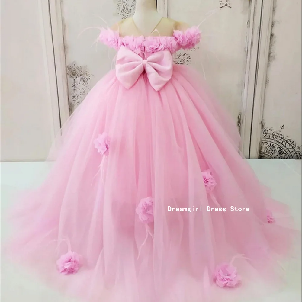 

Dreamgirl Flower Girl Dress Off the Shoulder Princess Dress A-Line First Communion Dress Pink Court Train Birthday Party Gown