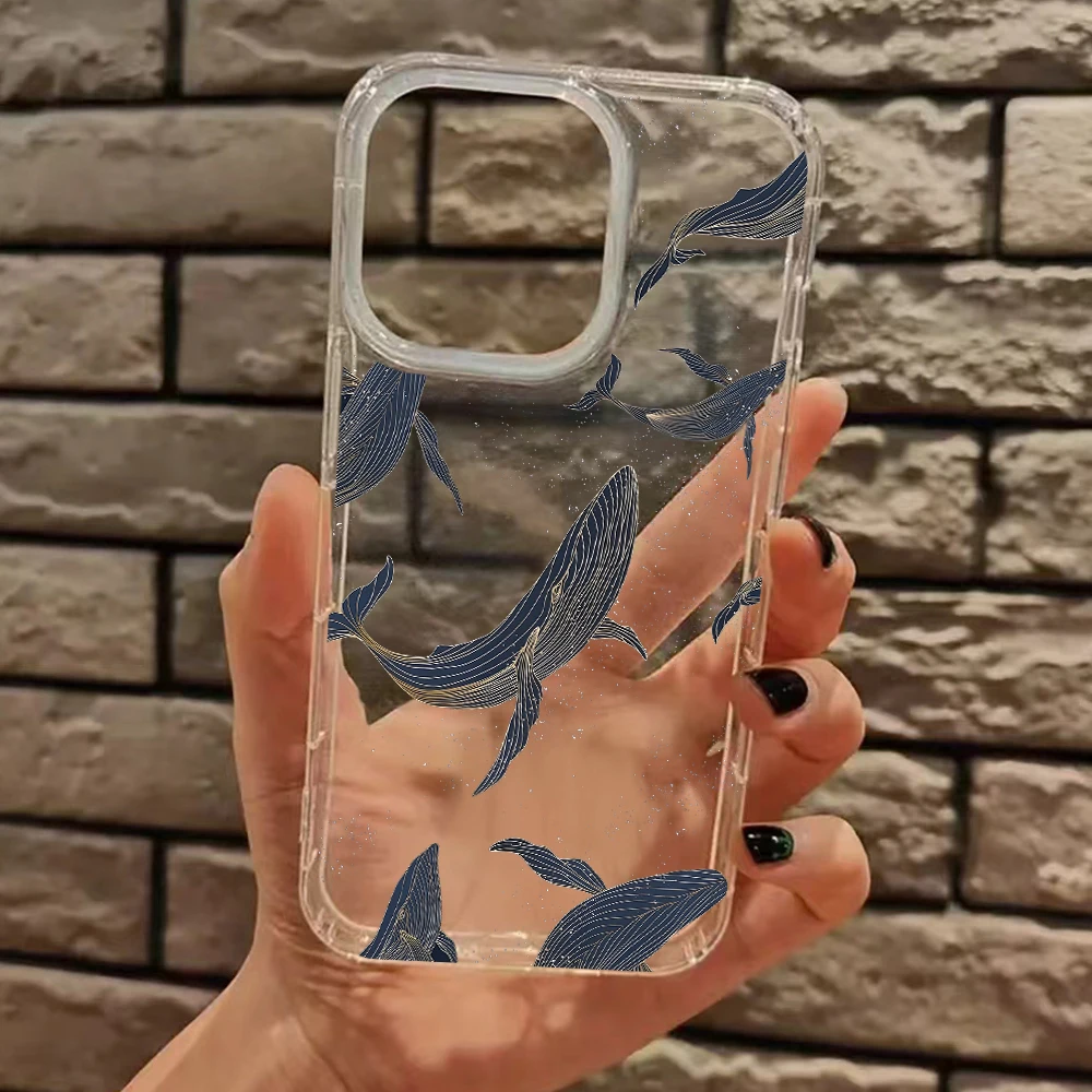 Blue Whale Pattern Clear Phone Case - Marine Art Style Soft Cover