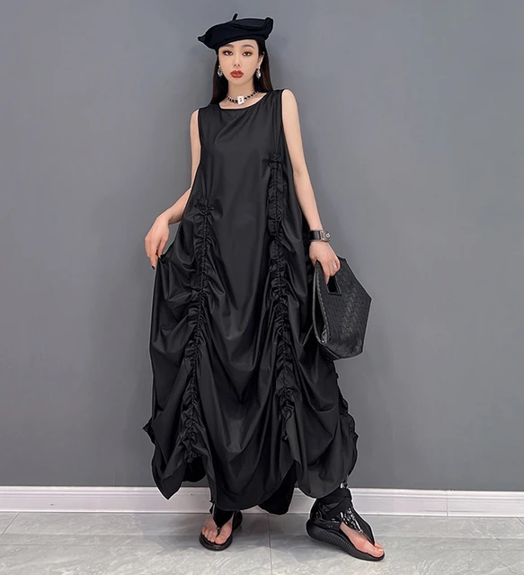 Abito Nero Abito Lungo Estivo Casual Design Drappeggiato Nuovo