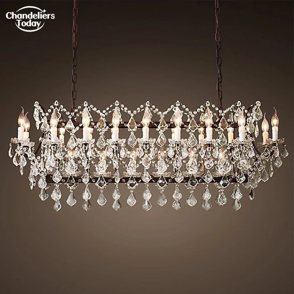 19th C. Rococo Iron & Crystal Rectangular Chandelier Vintage LED Rustic