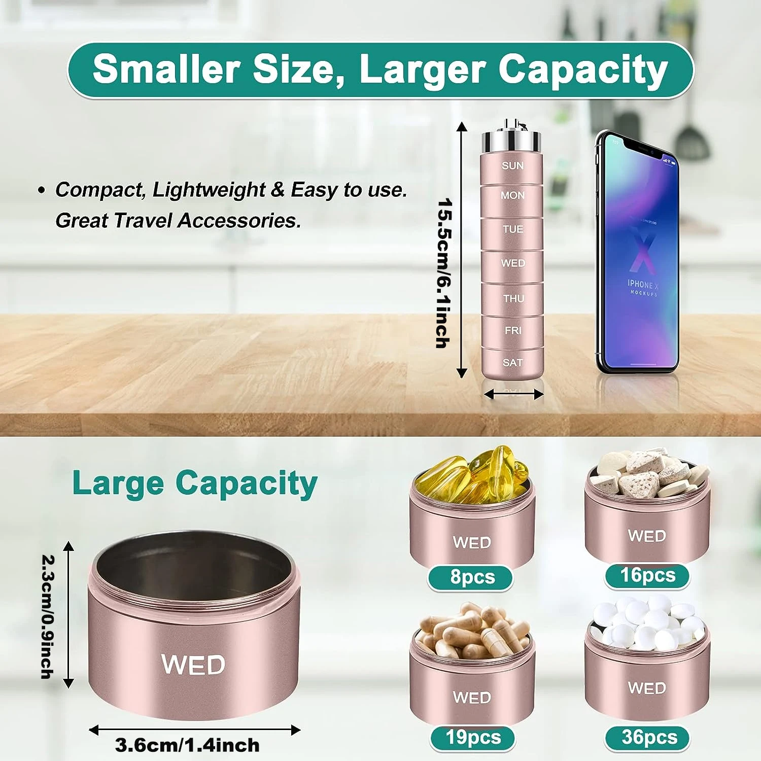 New Portable Pill Case for Travel Metal Pill Organizer Waterproof Pill Box Pill Case Container Medicine Bottle Organizer Weekly