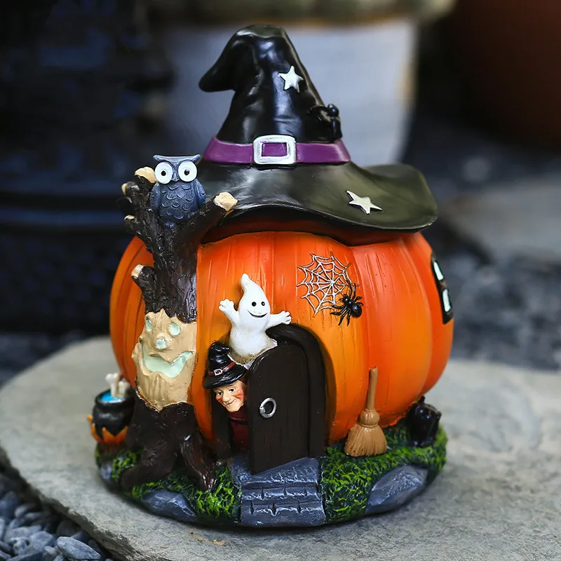 

Halloween Pumpkin Statue Decoration Lights Up The Witch House Village Living Room Porch for A Party with Scary Decorations